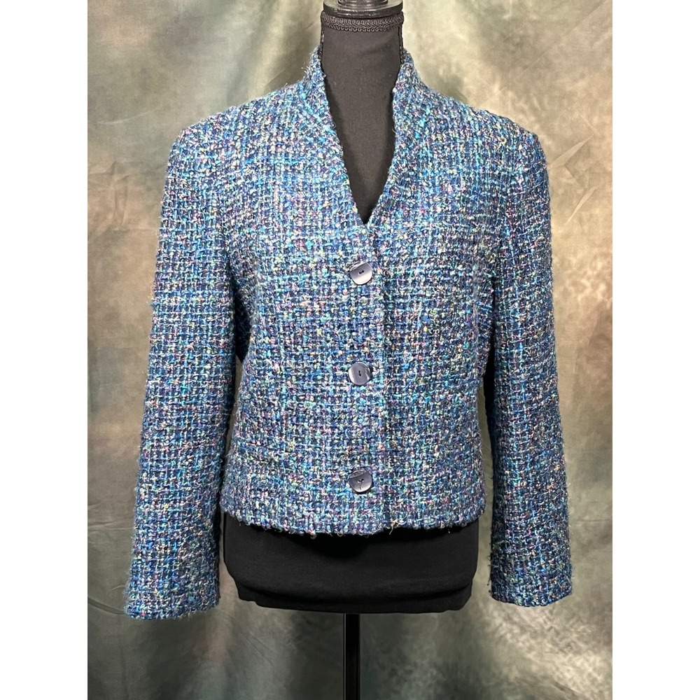 Bergamo by EBI Blue Multi Tweed Blazer Jacket Stand Collar Size 14